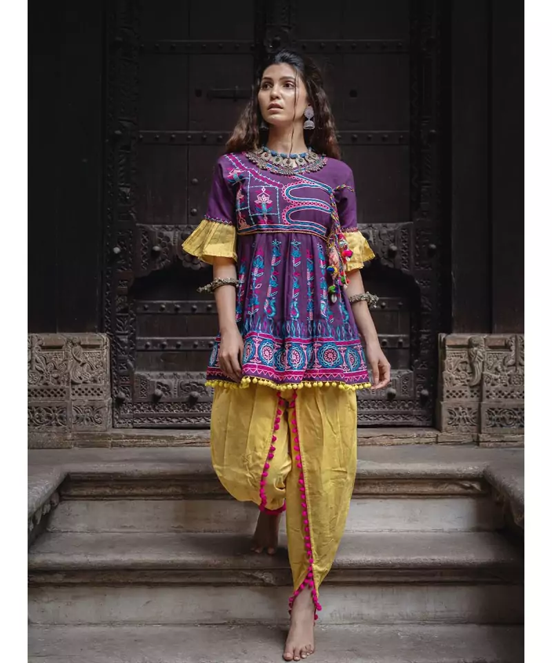 Deep Purple khadi embroidered kedia and tulip pants