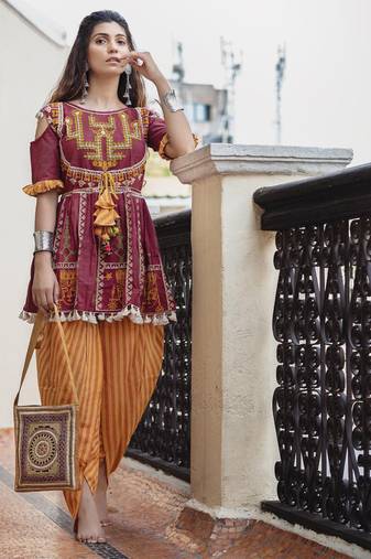 Deep wine folk motif maharani yoke kedia with stripie tulip pants set