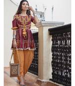 Deep wine folk motif maharani yoke kedia with stripie tulip pants set