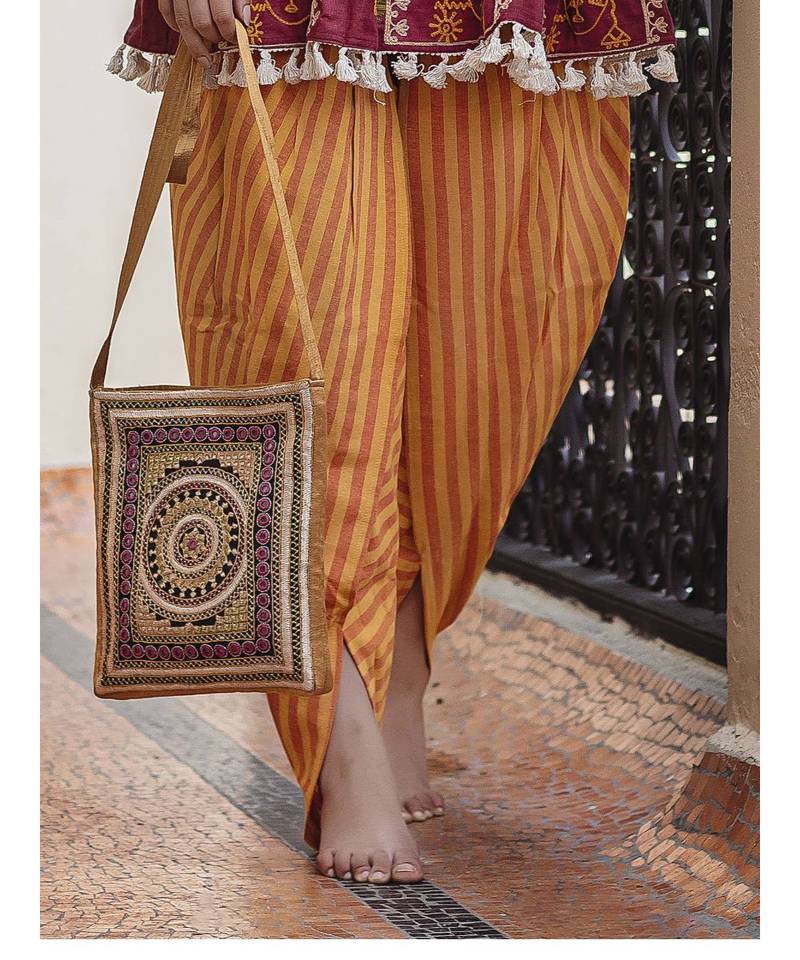 Deep wine folk motif maharani yoke kedia with stripie tulip pants set