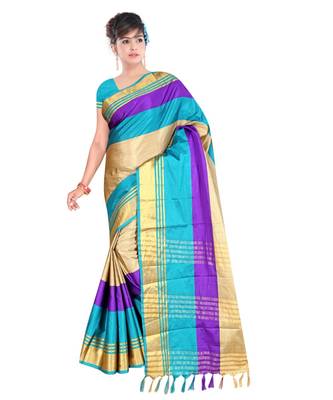 multicolor woven cotton saree with blouse 1
