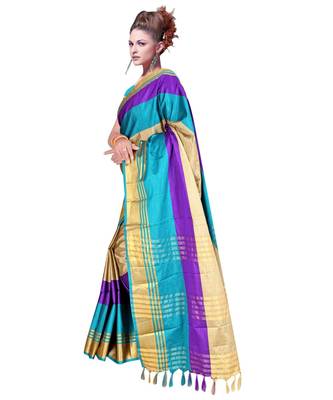 multicolor woven cotton saree with blouse 2