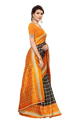 Black printed art silk saree with blouse 1