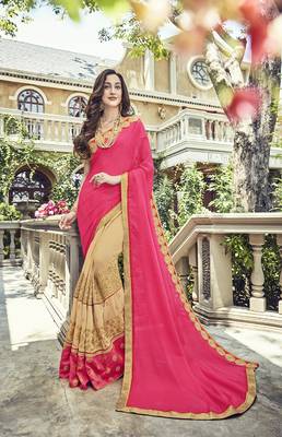 Beige embroidered georgette saree with blouse 1