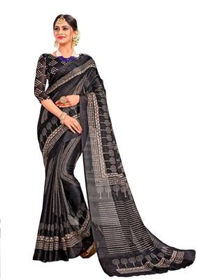 Black printed linen saree with blouse 1