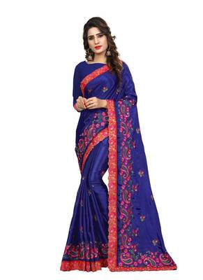 Royal blue embroidered chiffon saree with blouse 1