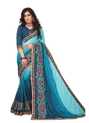 Light blue embroidered silk saree with blouse 1