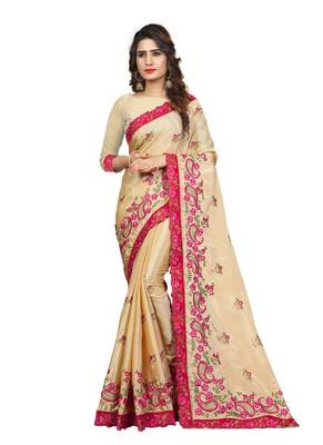 Cream embroidered chiffon saree with blouse 1