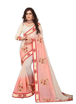 Cream embroidered cotton silk saree with blouse 1