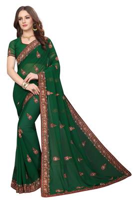 Dark green embroidered georgette saree with blouse 1