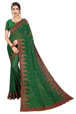 Green embroidered georgette saree with blouse 1