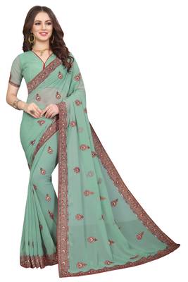 Green embroidered georgette saree with blouse 1