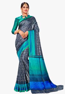 Dark grey printed linen saree with blouse 1