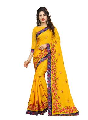 Mustard embroidered chiffon saree with blouse 1