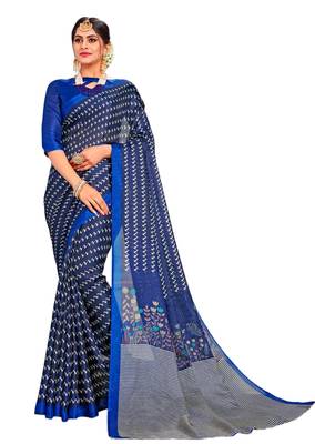 Navy blue printed linen saree with blouse 1