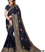 Navy blue embroidered silk blend saree with blouse