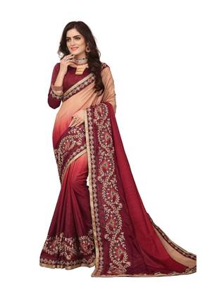Peach embroidered silk saree with blouse 1
