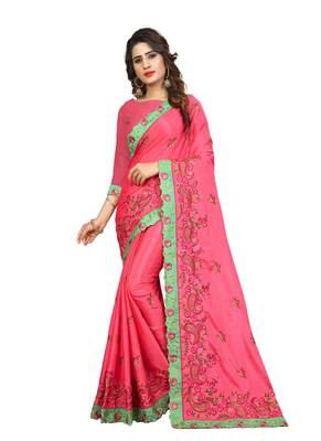 Dark pink embroidered chiffon saree with blouse 1