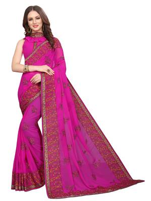 Rani pink embroidered georgette saree with blouse 1