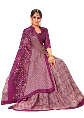 Purple printed linen saree with blouse 1