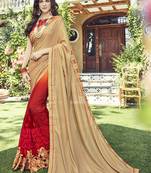 Beige embroidered georgette saree with blouse