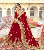 Red embroidered georgette saree with blouse