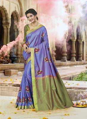 Blue embroidered cotton saree with blouse 1
