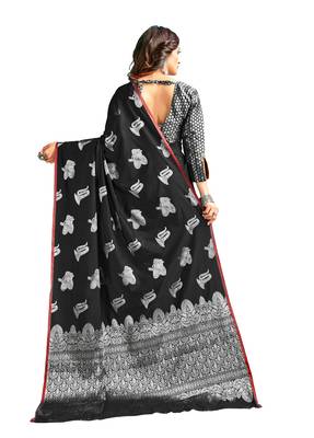 Black woven banarasi silk blend saree with blouse 2