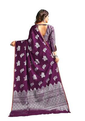Magenta woven banarasi silk blend saree with blouse 3