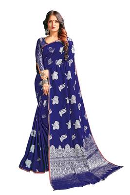 Navy blue woven banarasi silk blend saree with blouse 1