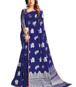 Navy blue woven banarasi silk blend saree with blouse