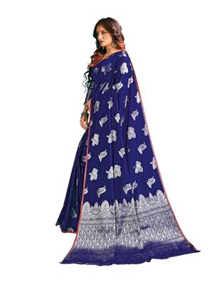 Navy blue woven banarasi silk blend saree with blouse 2