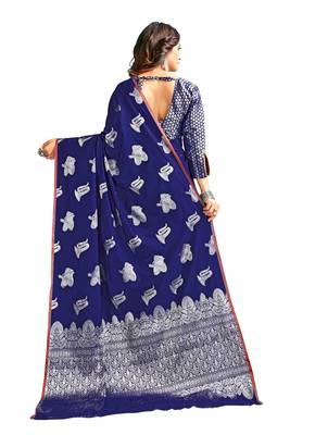 Navy blue woven banarasi silk blend saree with blouse 3