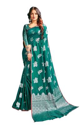 Green woven banarasi silk blend saree with blouse 1
