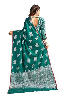 Green woven banarasi silk blend saree with blouse 2