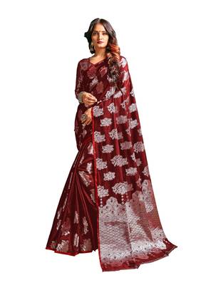 Red woven banarasi silk blend saree with blouse 1
