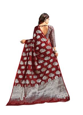 Red woven banarasi silk blend saree with blouse 2
