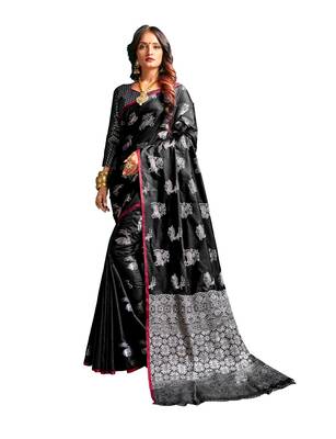 Black woven banarasi silk blend saree with blouse 1