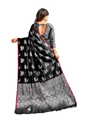 Black woven banarasi silk blend saree with blouse 2
