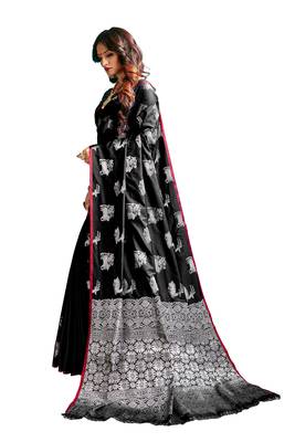 Black woven banarasi silk blend saree with blouse 3