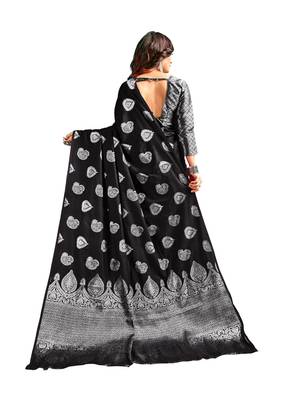 Black woven banarasi silk blend saree with blouse 2