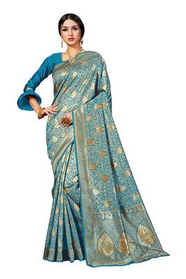 Turquoise woven banarasi silk blend saree with blouse 1