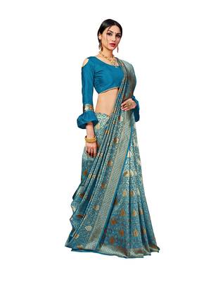 Turquoise woven banarasi silk blend saree with blouse 2