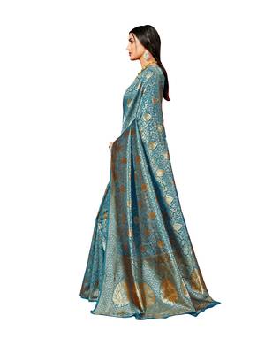 Turquoise woven banarasi silk blend saree with blouse 3