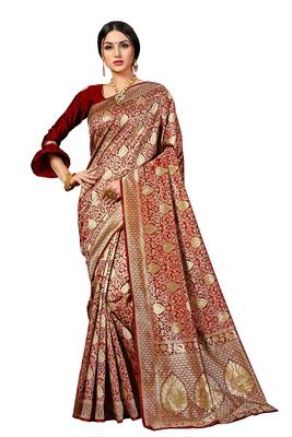 Maroon woven banarasi silk blend saree with blouse 1