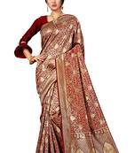 Maroon woven banarasi silk blend saree with blouse
