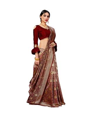 Maroon woven banarasi silk blend saree with blouse 2