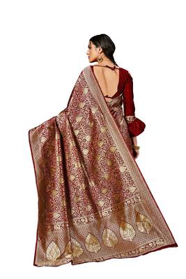 Maroon woven banarasi silk blend saree with blouse 3