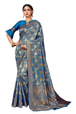 Turquoise woven banarasi silk blend saree with blouse 1