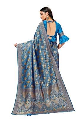 Turquoise woven banarasi silk blend saree with blouse 2